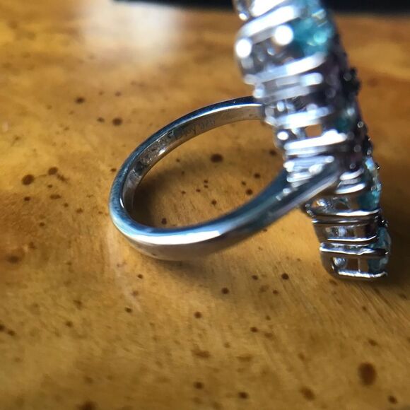 Natural Rhodolite Garnet Blue Zircon Sterling Silver Cocktail Ring Size 5 - Picture 4 of 9